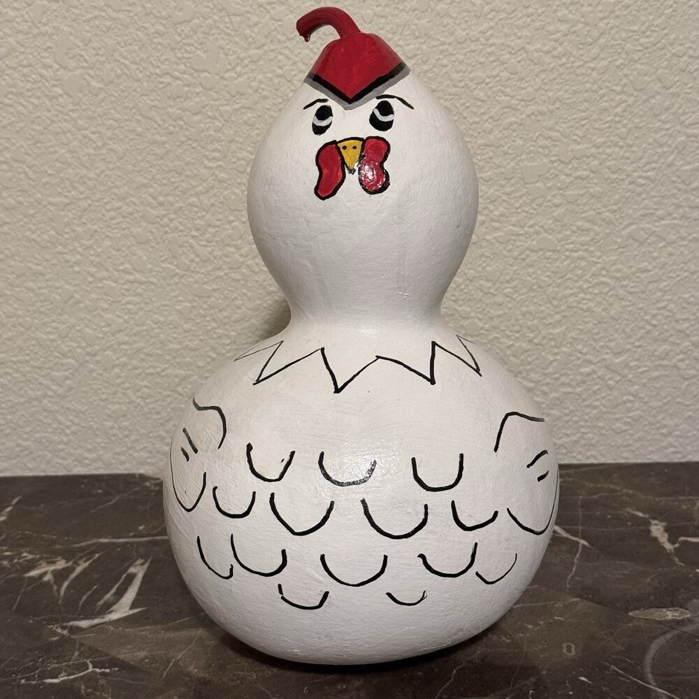 Rooster‎ Gourd Hand Painted Folk Art Shaker 10 Inches Shabby Chic Cottage Core